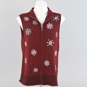 HANNAH Burgundy Snowflake Zip Up Wool Cardigan Women's Large